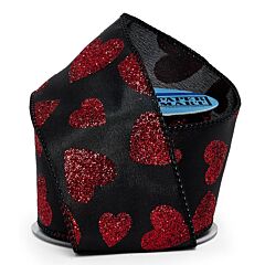 2.5" Red and Black Glitter Hearts Wired Ribbon