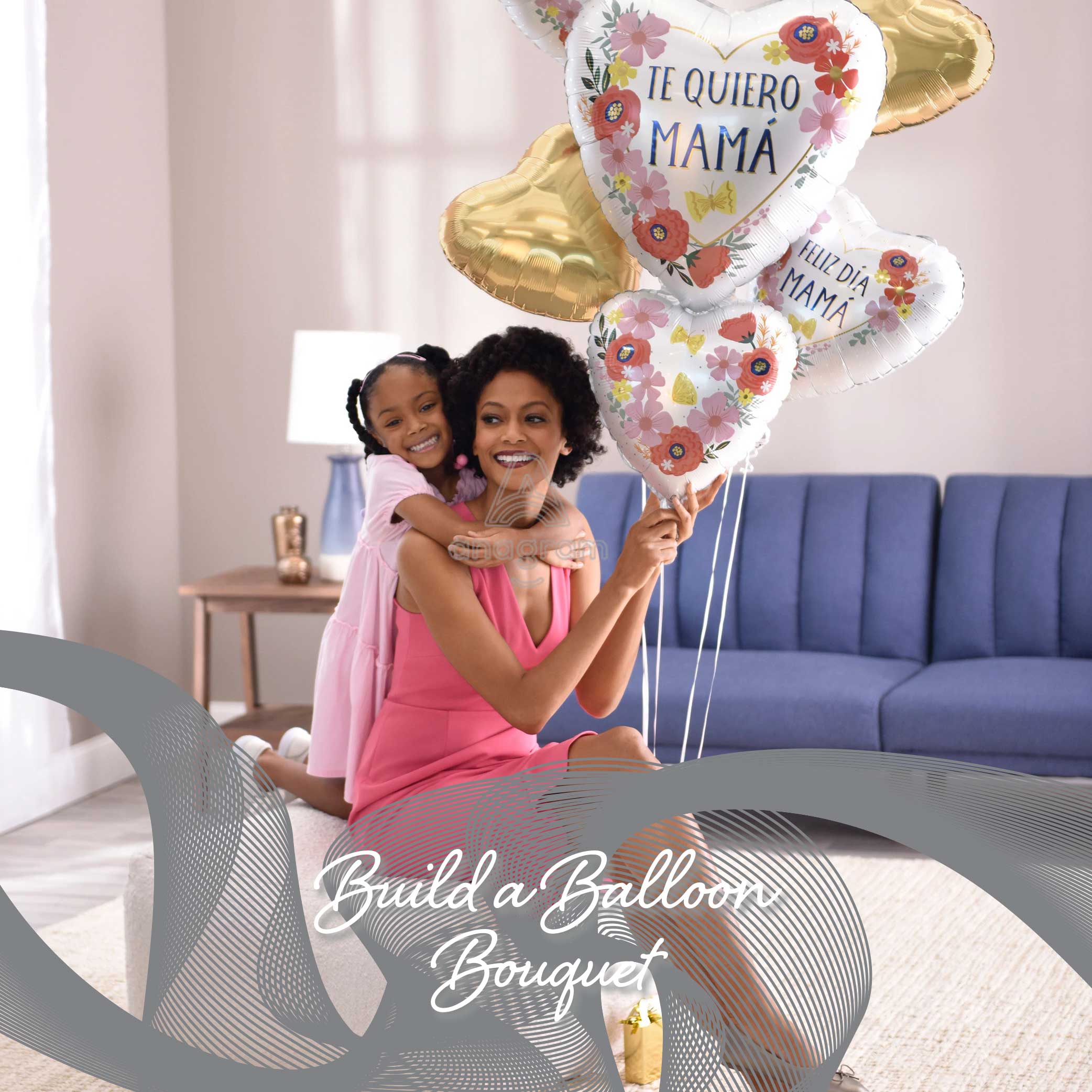 young girl and mother holding balloon bouquet