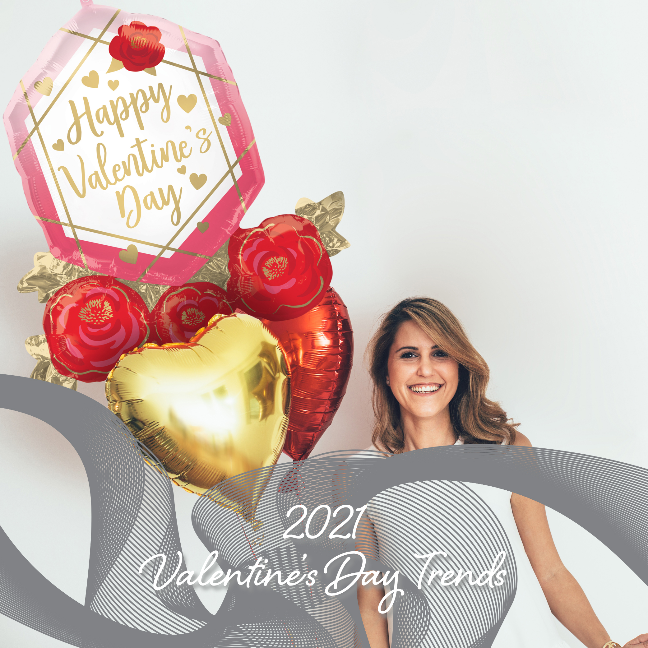 a woman holding balloons that say happy valentine 's day